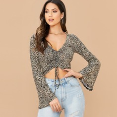 Леопардовый топ на кулиске с складкой и оригинальным рукавом Shein