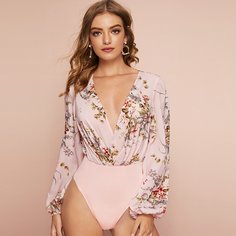 Боди с глубоким вырезом и цветочным принтом Shein
