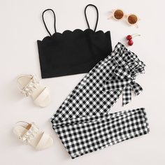 Топ и брюки в клетку с поясом для девочек Shein