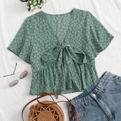 Зеленый с бантом цветочный Бохо Блузы Shein