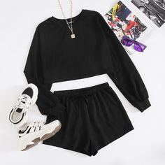 Однотонный пуловер и шорты с узлом Shein