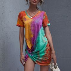Разноцветное платье с v-образным воротником Shein