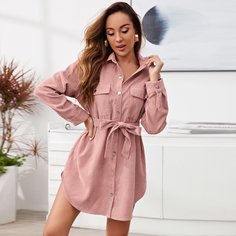 Вельветовое однобортное платье с поясом Shein