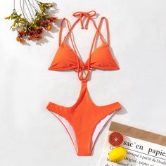 Слитный купальник в рубчик с разрезом Shein