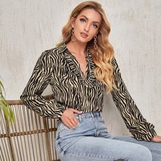 Оборка в полоску зебры Элегантный Блузы Shein