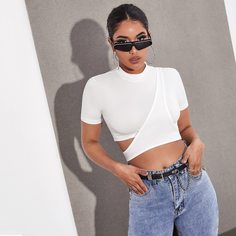 с разрезом Одноцветный Повседневный Футболки Shein