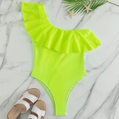 Слитный купальник на одно плечо цвета неонового лайма Shein