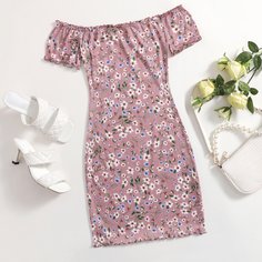 Платье с открытыми плечами и цветочным принтом Shein