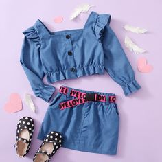 Пояс Ровный цвет милый Джинсовые костюмы для девочек Shein