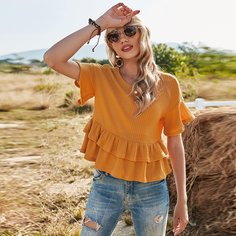 с оборками Одноцветный милый Футболки Shein