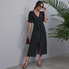 Платье в горошек с поясом и пуговицами Shein