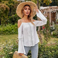 Контрастные кружева Одноцветный Бохо Блузы Shein