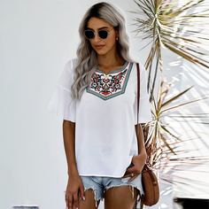 с вышивкой Цветочный Бохо Блузы Shein