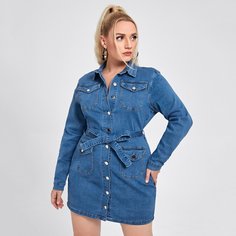 Джинсовое платье размера плюс с поясом и карманом Shein
