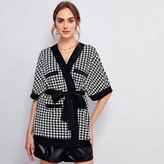 Пальто с узором "хаундстут" и поясом Shein