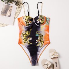 Слитный купальник на косточках с принтом тигра Shein