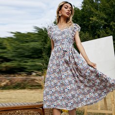 Платье с поясом и цветочным принтом Shein