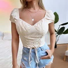 на шнурках Одноцветный Бохо Блузы Shein