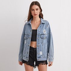 Куртка из выстиранного денима светлого цвета с заниженными плечами Shein