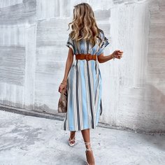 Высокий разрез Полосатый Бохо Платье Shein