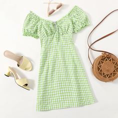 на молнии Клетка Бохо Платье Shein