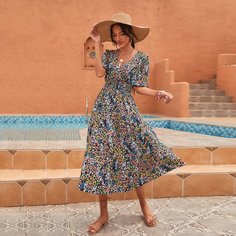 Платье с цветочным принтом и оборками Shein