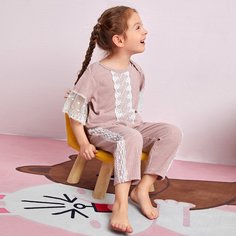 Вязаная пижама в рубчик с кружевной отделкой для девочек Shein