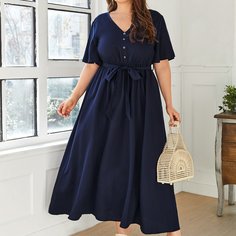 Пуговица Одноцветный Повседневный Платья размер плюс Shein