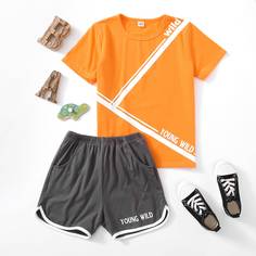 Шорты и футболка с текстовым принтом для мальчиков Shein