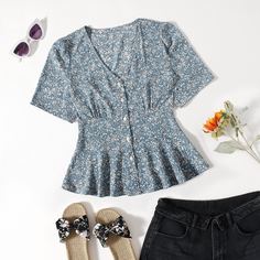 С оборками цветочный Бохо Блузы Shein