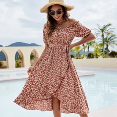 Платье с поясом, открытыми плечами и цветочным принтом Shein