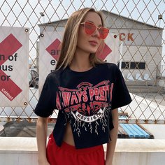 Короткая футболка с текстовым принтом и молнией Shein