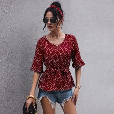 Блузка в горошек с поясом и пуговицами Shein