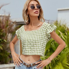 с оборками Клетка Повседневный Блузы Shein