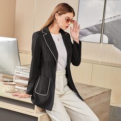 Карман Геометрический принт Элегантный Блейзеры Shein