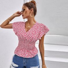 с оборками цветочный Бохо Блузы Shein