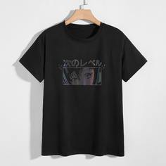 Мужская футболка с графическим и японским текстовым принтом Shein