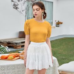 Однотонная блузка с пышным рукавом Shein