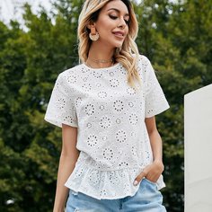 Ажурная вышивка Одноцветный Бохо Блузы Shein
