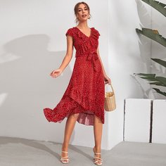 с оборками В горошек Бохо Платье Shein