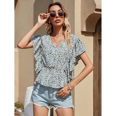 с оборками цветочный Бохо Блузы Shein