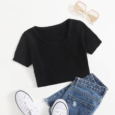 Плюшевый короткий вязаный топ Shein