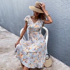 Платье с принтом растений и поясом Shein