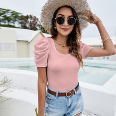 Вязаная футболка в рубчик с пышным рукавом Shein