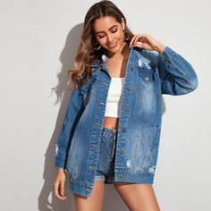 Джинсовая рваная куртка с карманом Shein