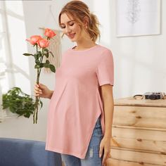 Однотонная длинная футболка для беременных с разрезом Shein
