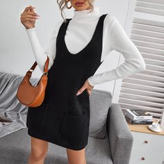 Однотонное платье-свитер с карманом Shein