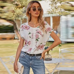 Контрастные кружева Цветочный Бохо Блузы Shein