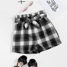 Шорты в клетку с поясом для девочек Shein