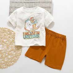 Шорты и футболка с текстовым, мультипликационным принтом для девочек Shein